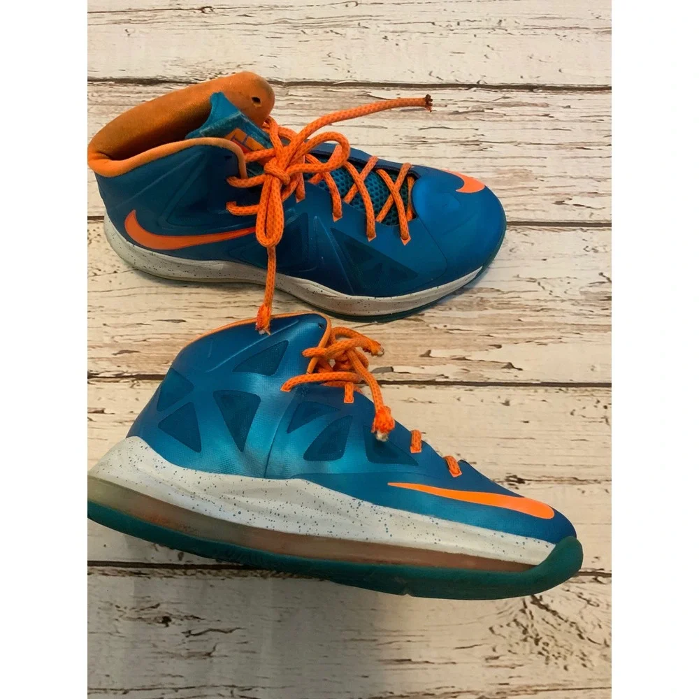 Nike LeBron X GS Blue Diamond Photo Blue‎ Orange Basketball Shoes 543564-402 7Y